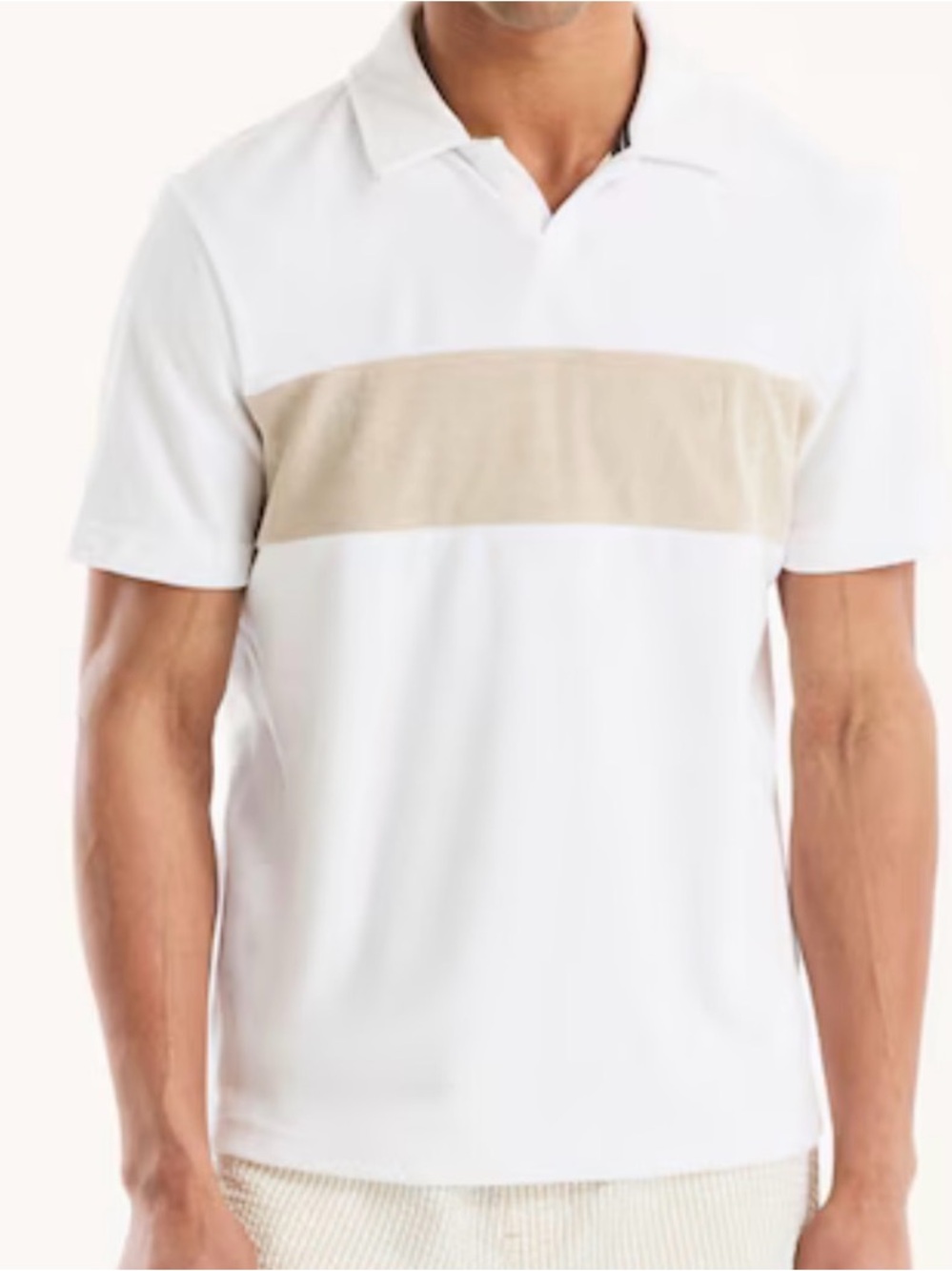 Nautica Men’s Terry Polo Shirt Size L Classic Fit Johnny Collar White Beige